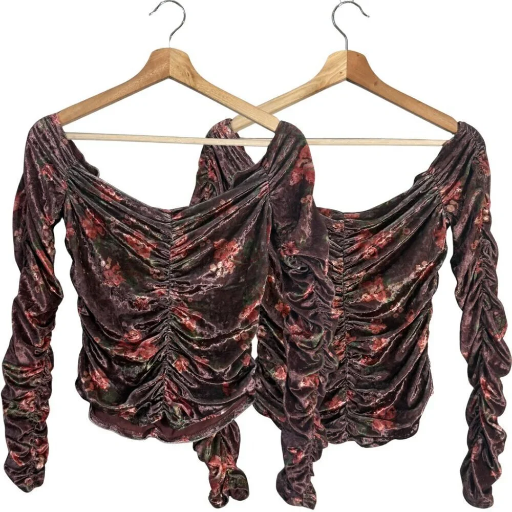 Free People Reina Floral Velvet Off the Shoulder Top Women's Small Brown Ruched